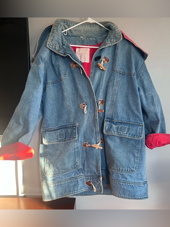Vintage Jackets & Blazers - Vintage 90s Denim Barn Coat with Red Lining Toggle Paddington Cotton L